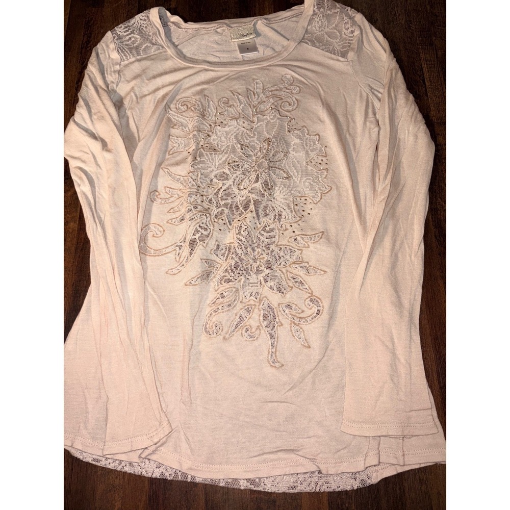 Daytrip Womens Small Pink Lace Rhinestone Long Sleeve Split Back Boho Top